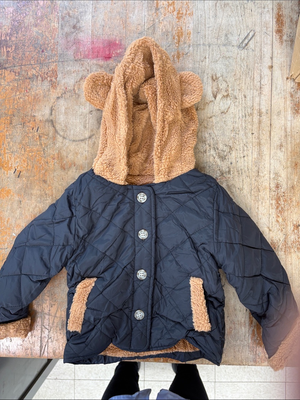 Kids Quilted Puffer Jacket with Tan Teddy bear ears Hood